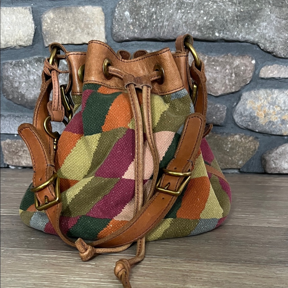 Multi-Color knit & Leather Drawstring Bucket Bag - Picture 3 of 7